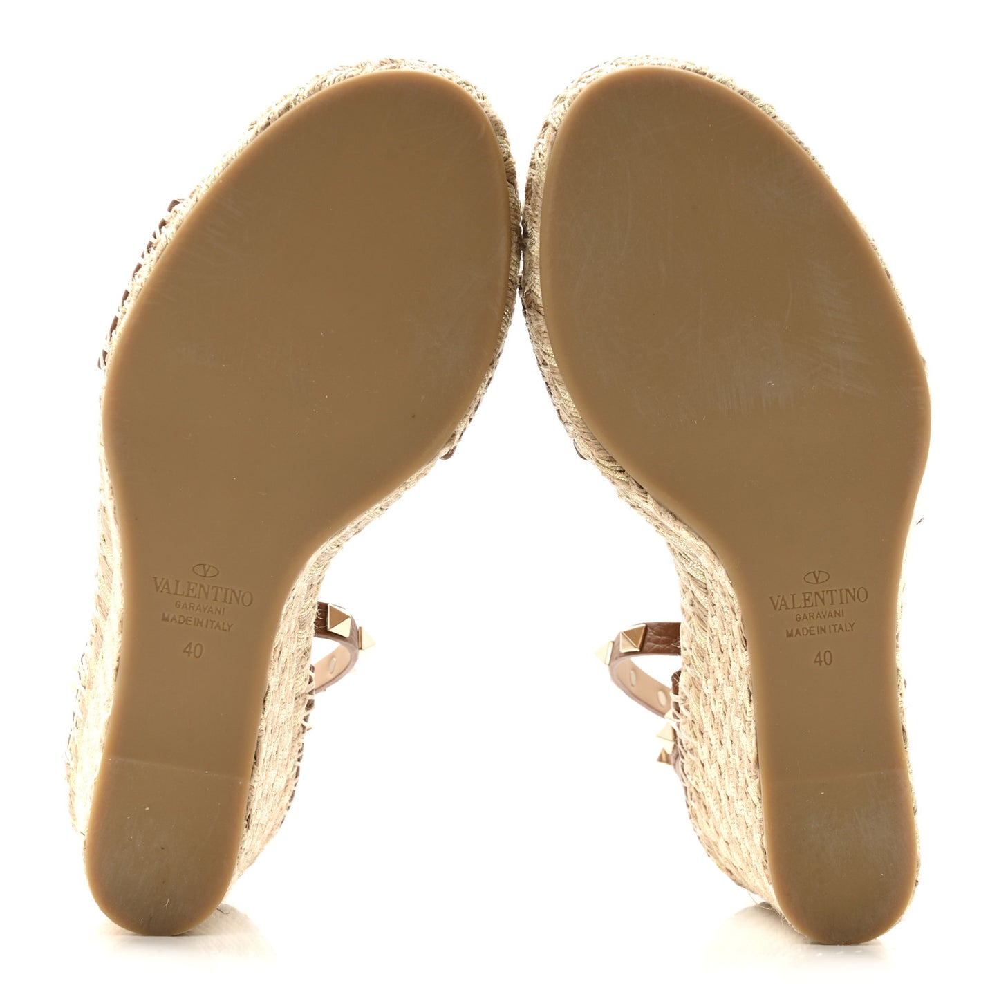 Grained Calfskin Rockstud Ankle Strap Espadrille 15/105mm Wedge Sandals 40 Cuoio Natural