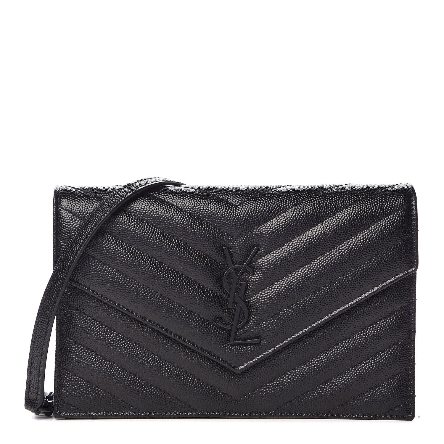 Saint Laurent Grain De Poudre Matelasse Chevron Monogram Envelope Chain Wallet Black 1 of 11