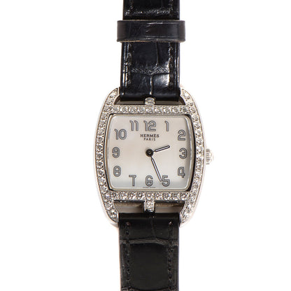 Hermes Stainless Steel Alligator Diamond Bezel 26mm Cape Cod Tonneau Quartz Watch Noir 1 of 8