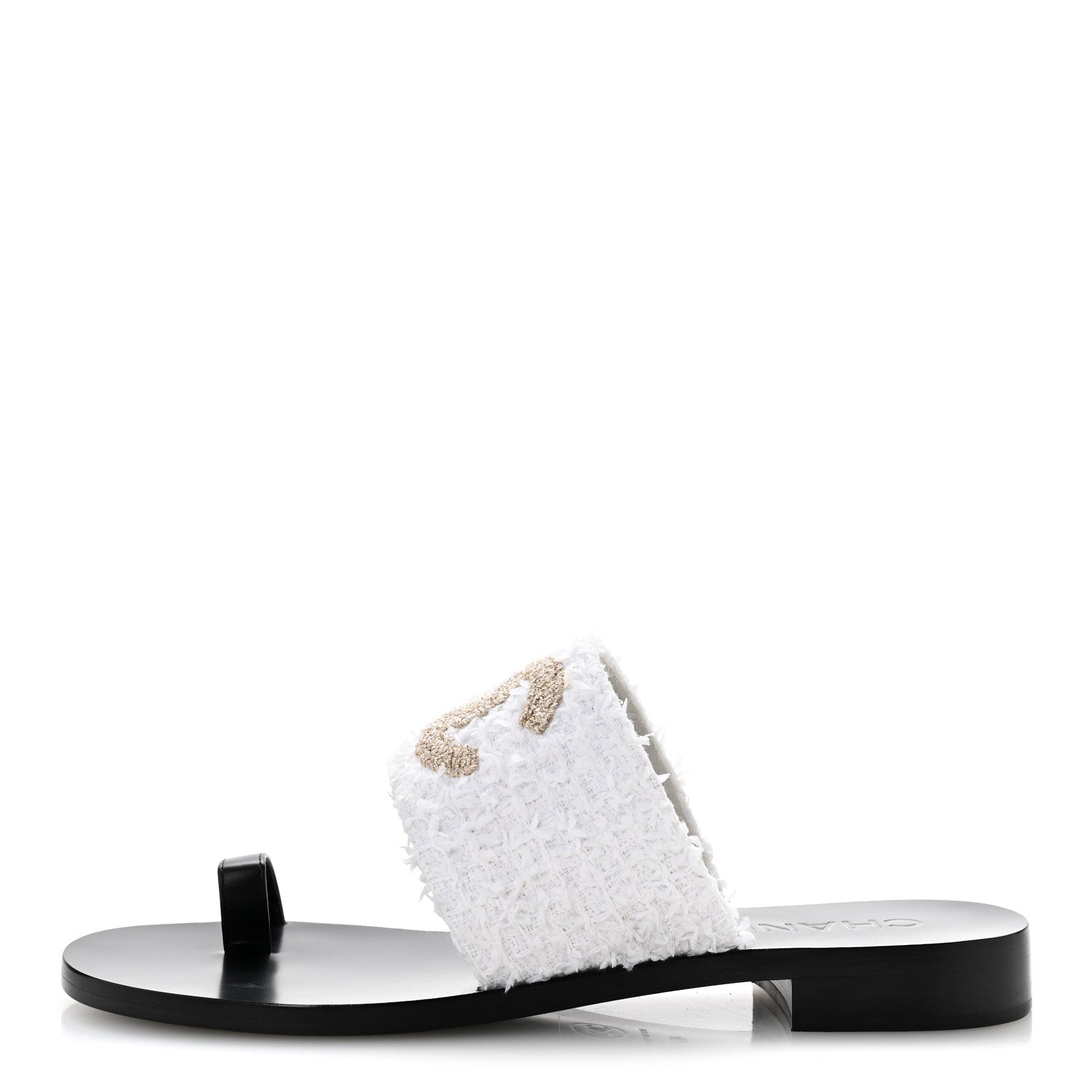 Chanel Cotton Tweed Fabric Lambskin CC Thong Sandal 40 White Gold Black 1 of 10