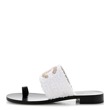 Chanel Cotton Tweed Fabric Lambskin CC Thong Sandal 40 White Gold Black 1 of 10