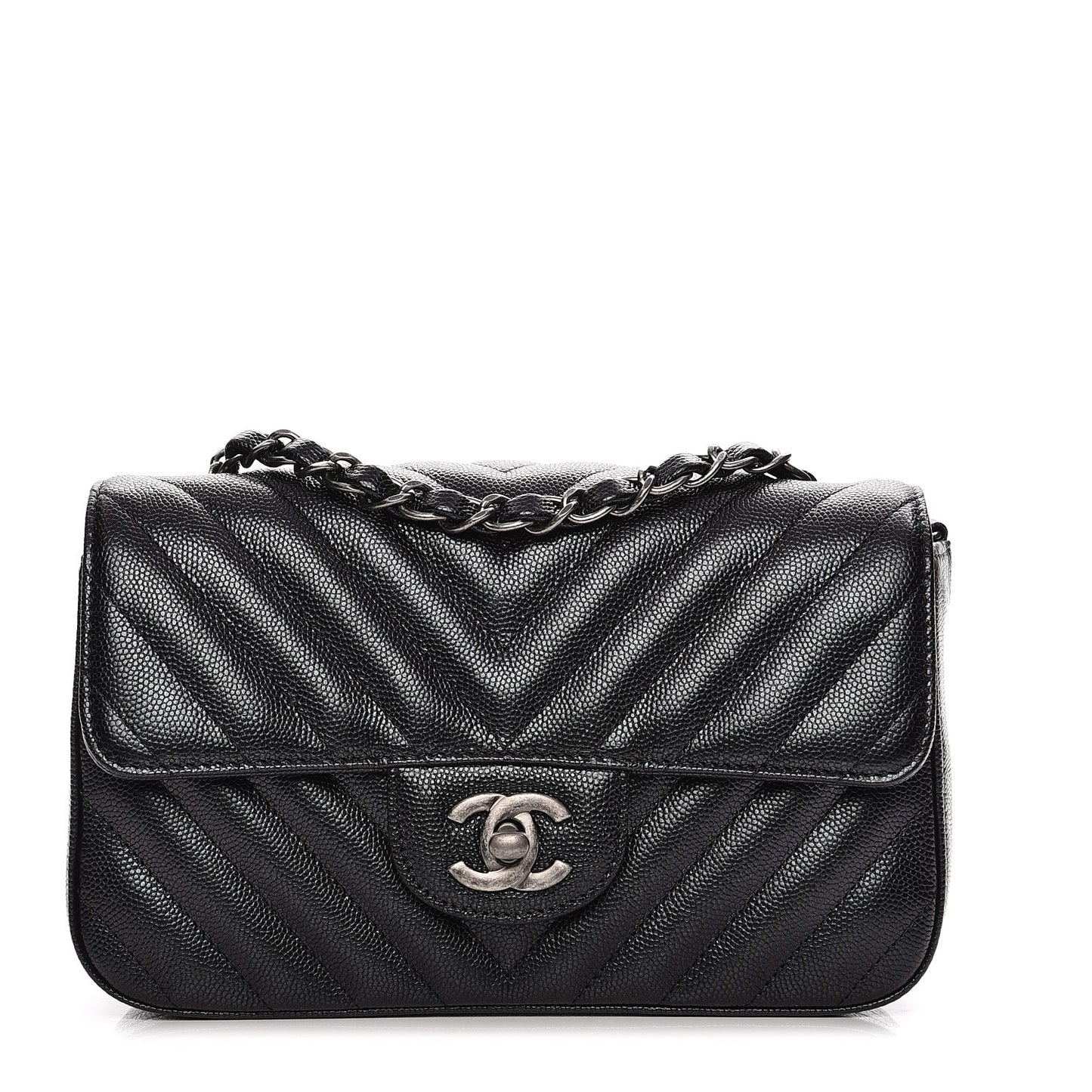 Metallic Caviar Chevron Quilted Mini Rectangular Flap Black