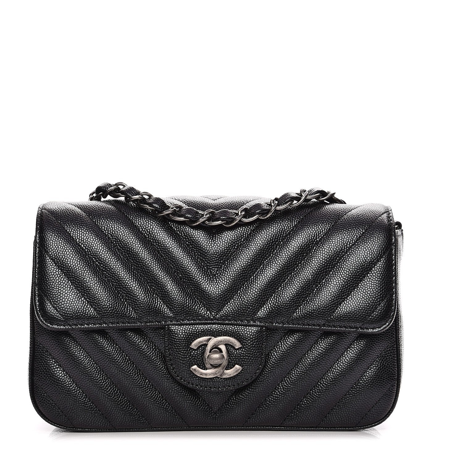Chanel Metallic Caviar Chevron Quilted Mini Rectangular Flap Black 1 of 11