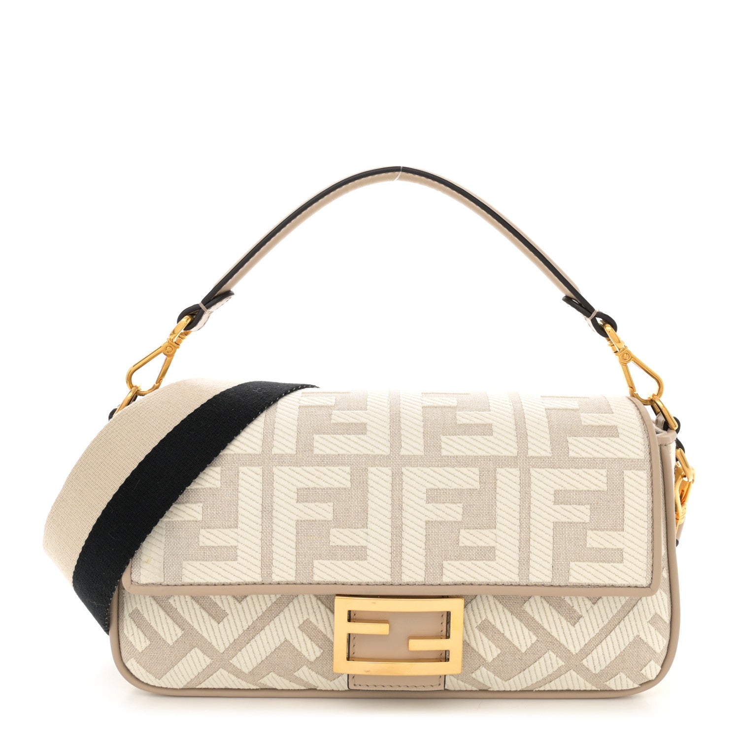 Fendi Canvas Vitello King FF Embroidered Baguette Grezzo White Nuvola 1 of 11