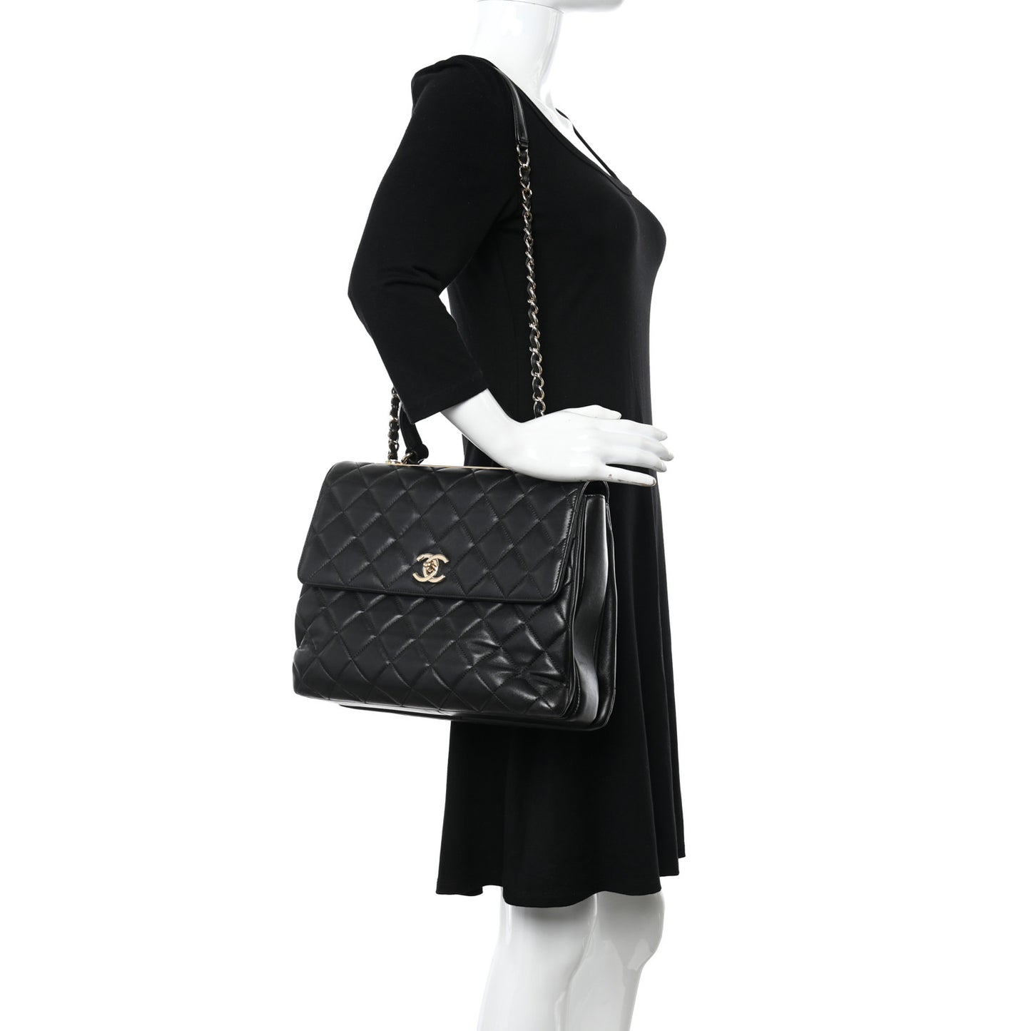 Lambskin Quilted Large Trendy CC Dual Handle Flap Bag Black