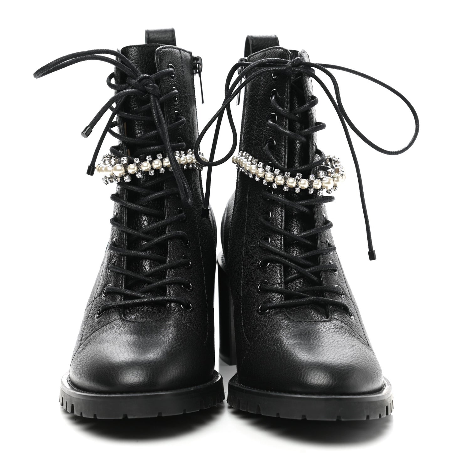 Grained Calfskin Crystal Embellished Cruz Combat Boots 40 Black White