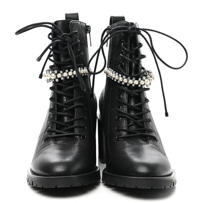Jimmy Choo Grained Calfskin Crystal Embellished Cruz Combat Boots 40 Black White 2 of 8