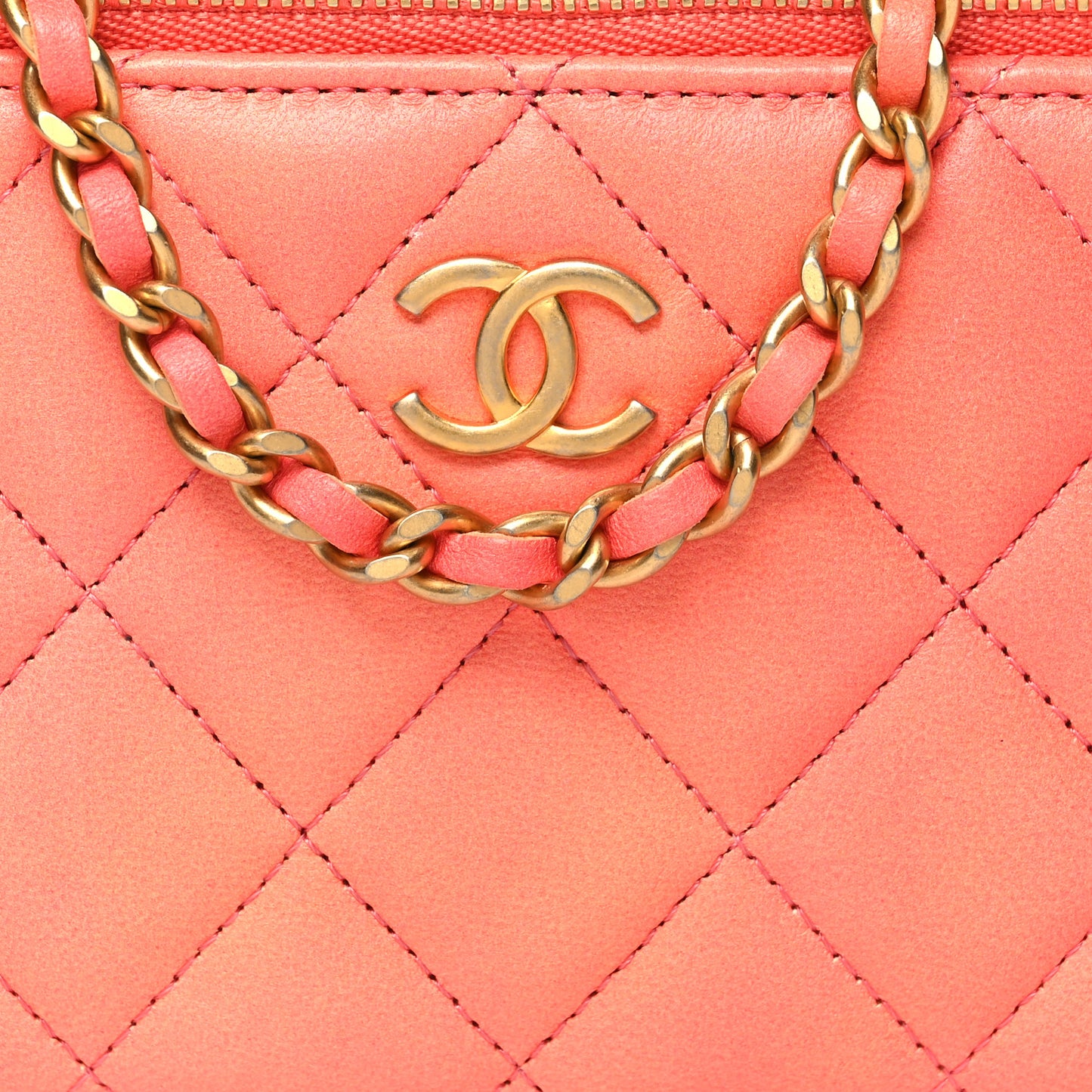Lambskin Quilted Ombre Small Top Handle Vanity Case With Chain Coral