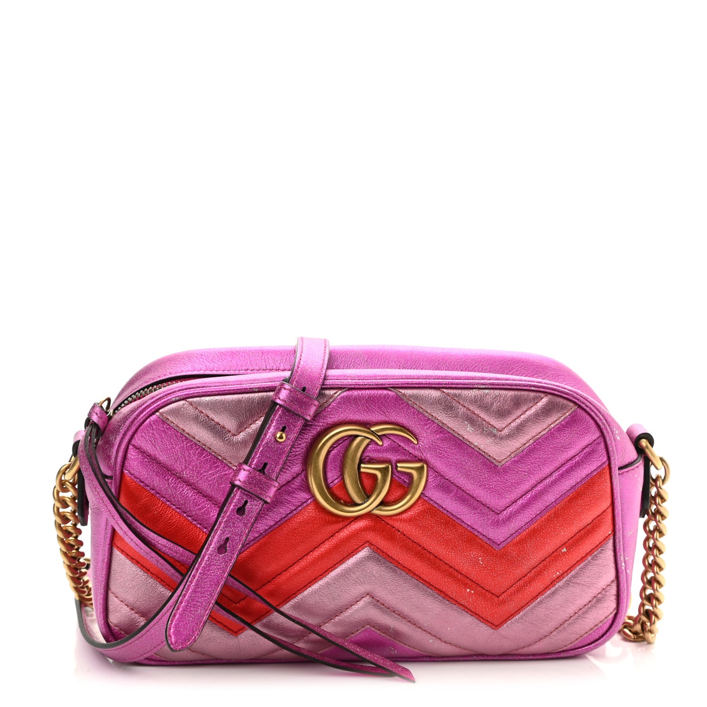 Laminated Nappa Matelasse Small GG Marmont Chain Shoulder Bag Fuxia Rosso Rosa