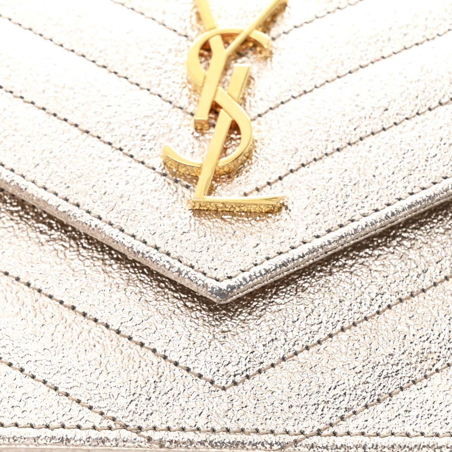 Saint Laurent Metallic Crackled Calfskin Matelasse Chevron Monogram Envelope Chain Wallet Gold 11 of 13