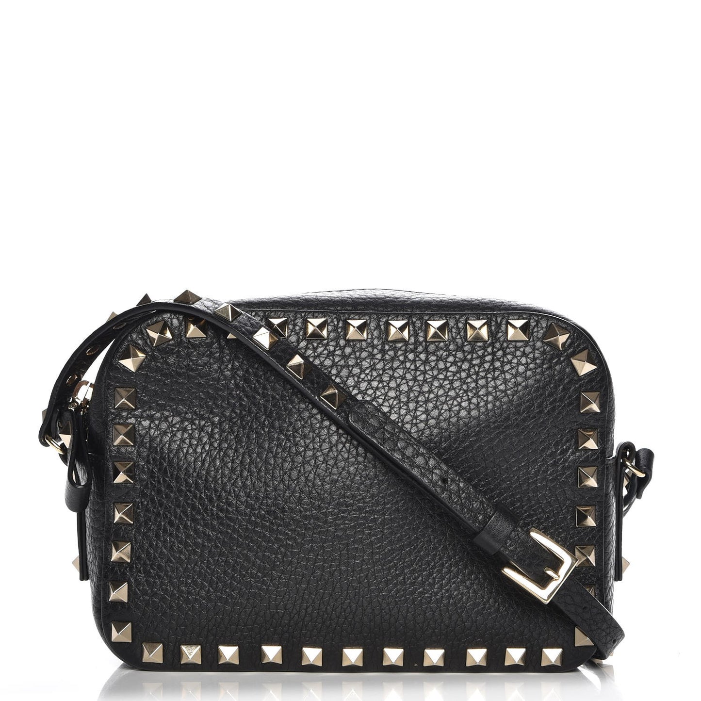 Grained Calfskin Rockstud Camera Crossbody Bag Black