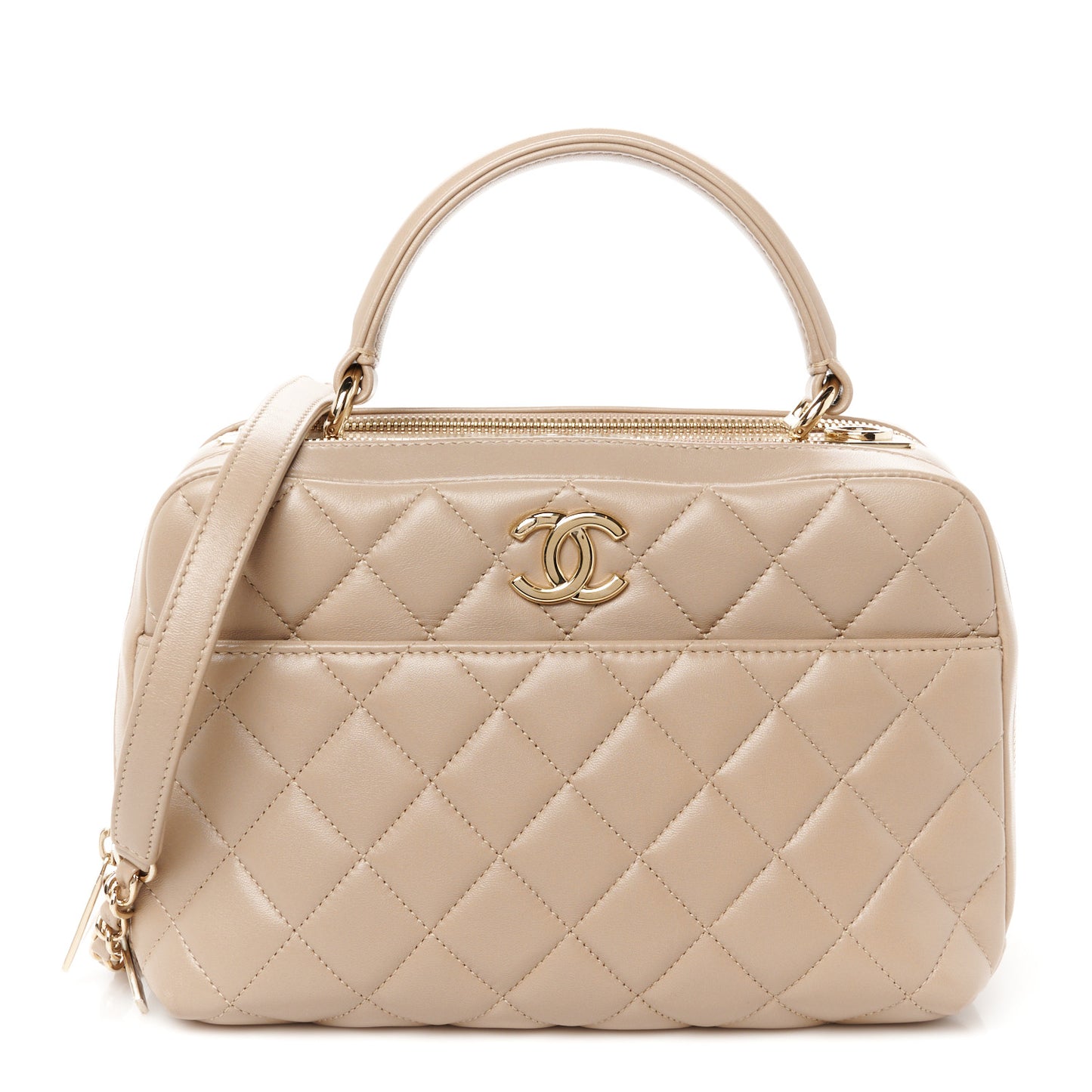Lambskin Quilted Medium Trendy CC Bowling Bag Beige