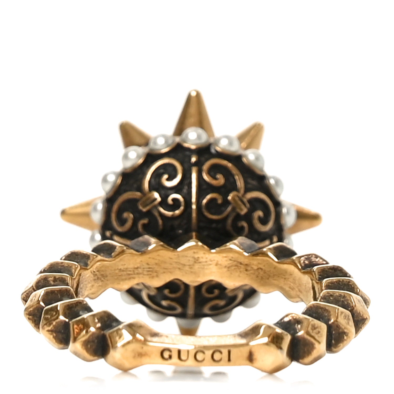 Gucci Metal Pearl Spike Studded Ring M Aged Gold 3 of 5