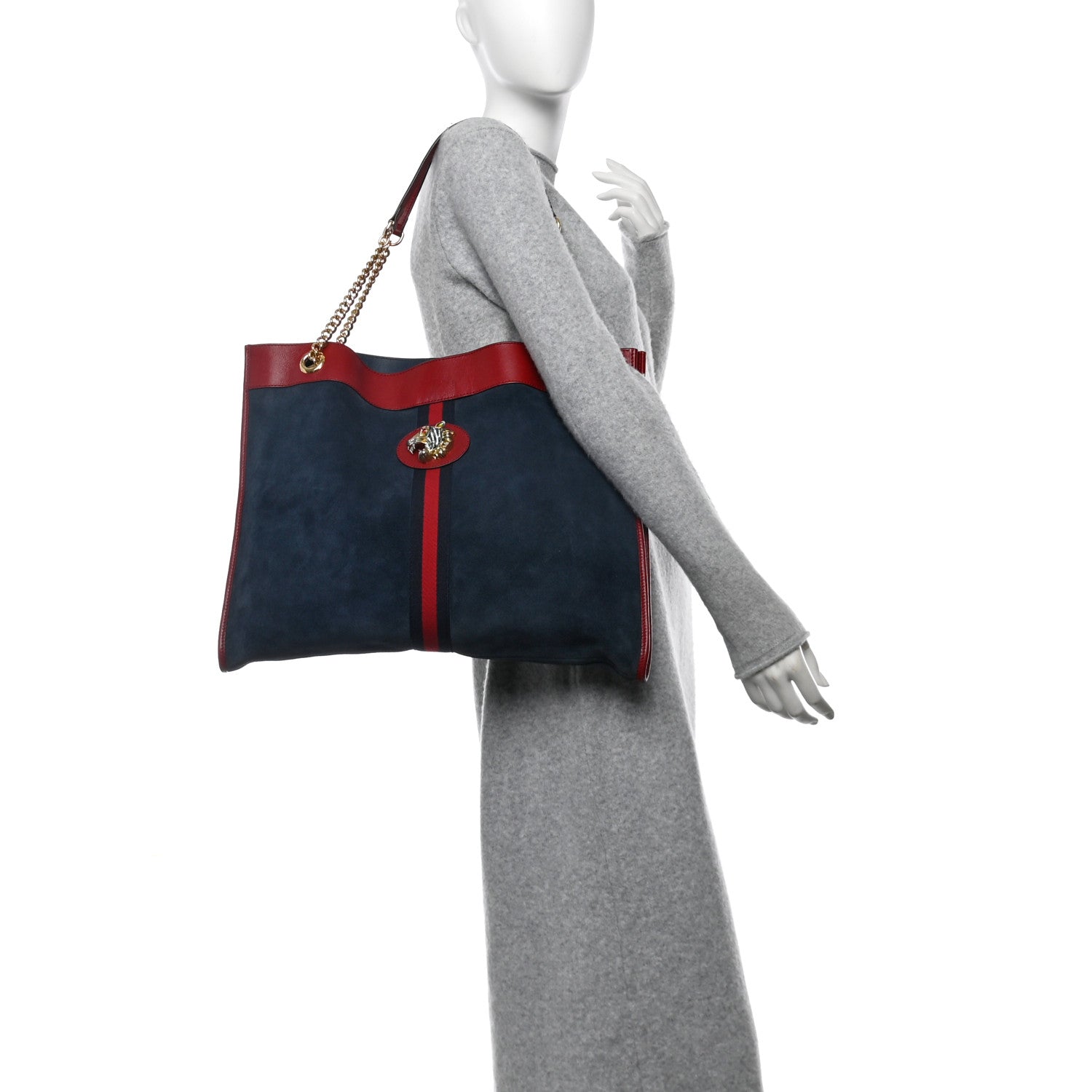 Gucci Suede Calfskin Large Rajah Chain Tote New Blue Romantic Cherry 2 of 11