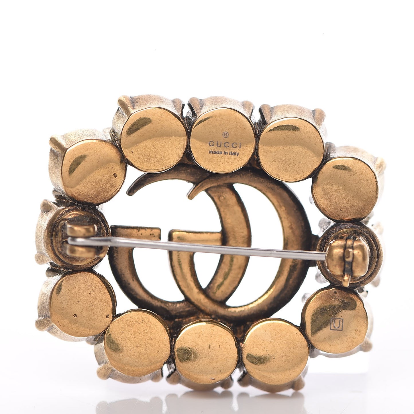 Metal Crystal Double G Brooch Aged Gold