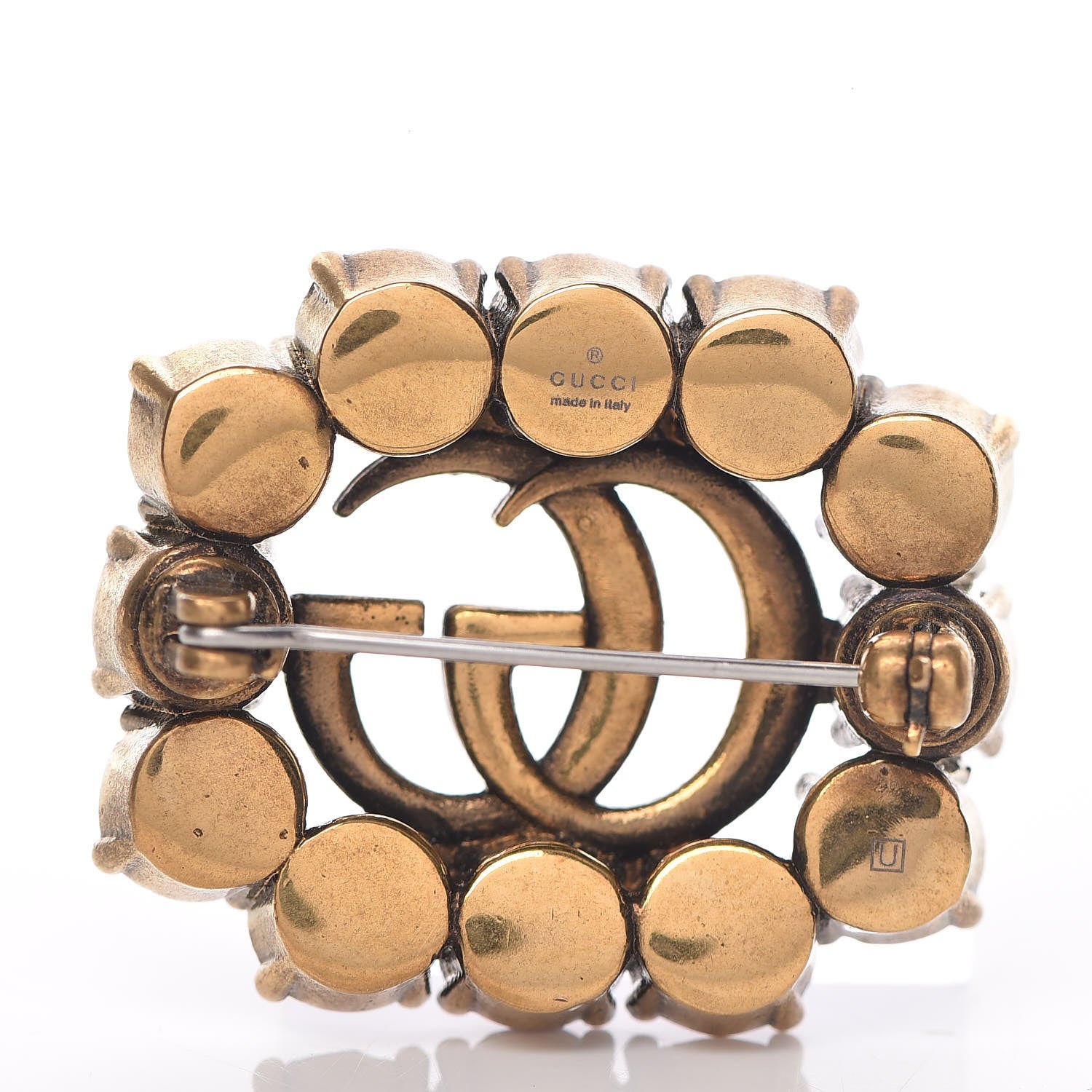Gucci Metal Crystal Double G Brooch Aged Gold 3 of 5
