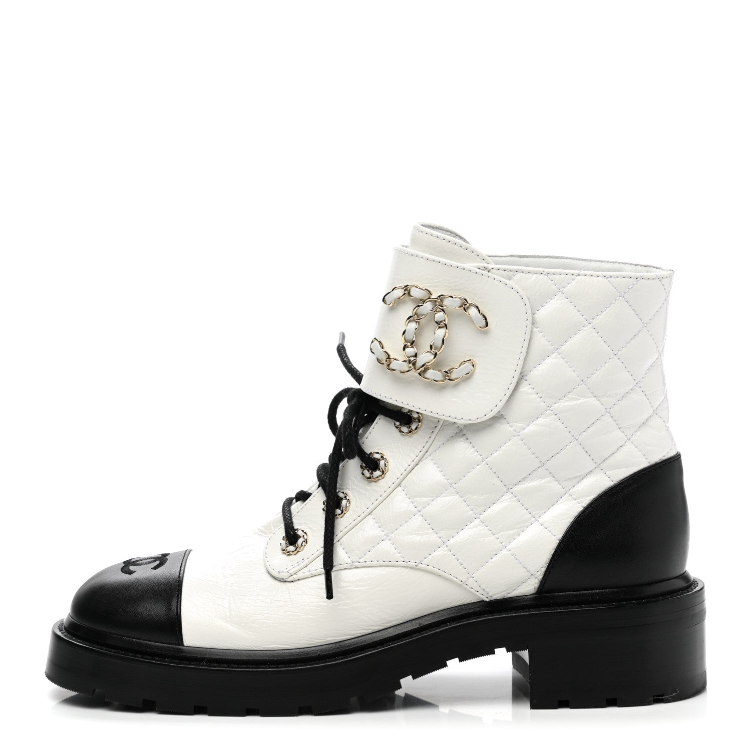 Chanel Shiny Goatskin Calfskin Quilted Lace Up Combat Boots 40.5 Black White 1 of 9