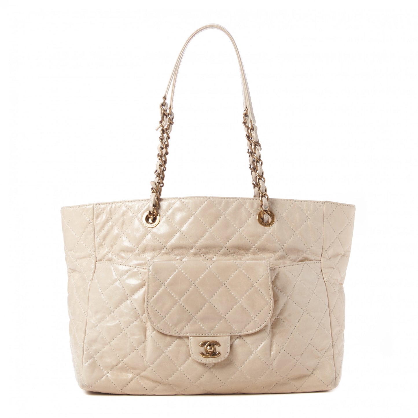 Glazed Calfskin Quilted Large Front Pocket Tote Beige