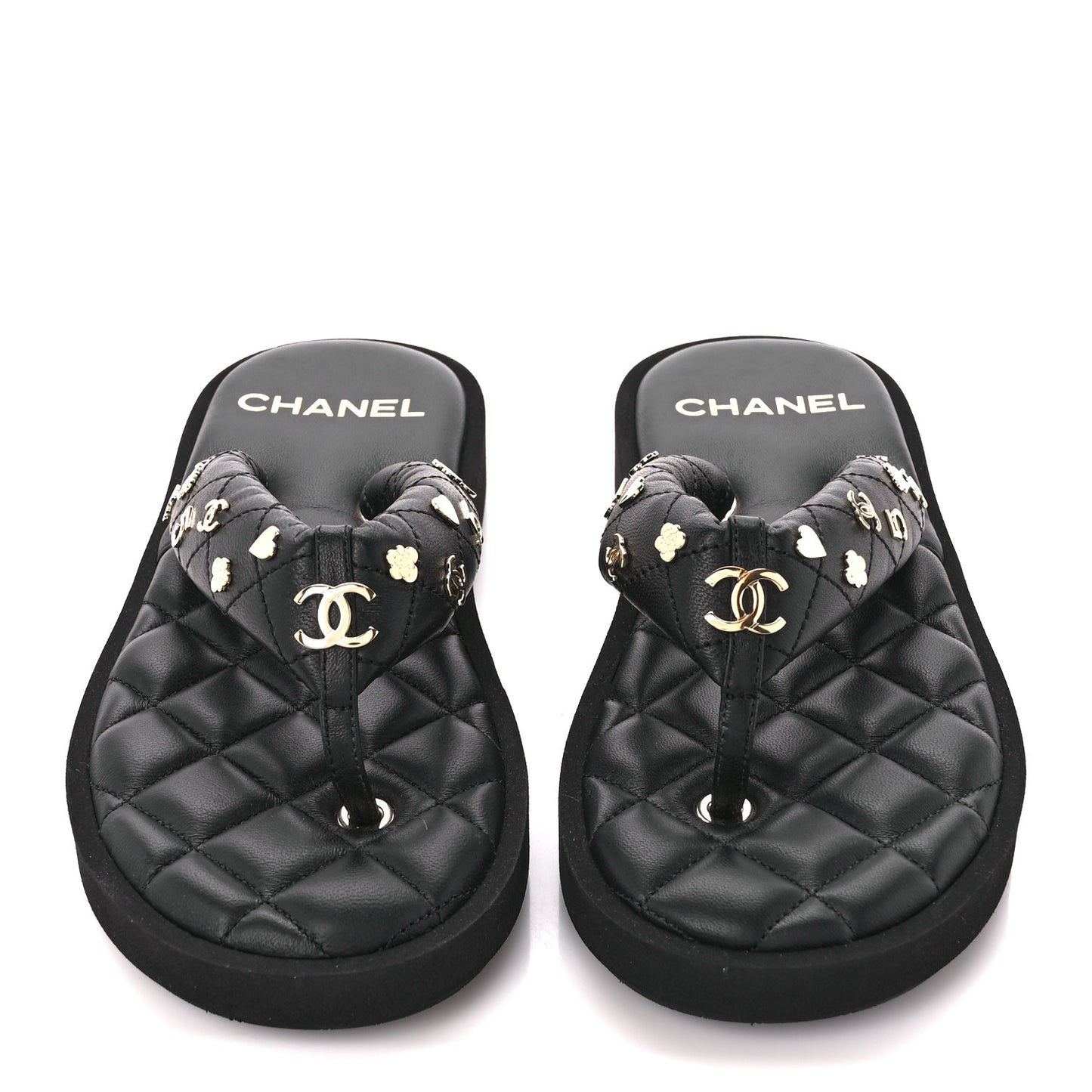 Lambskin Quilted Padded Charms Thong Sandals 37.5 Black