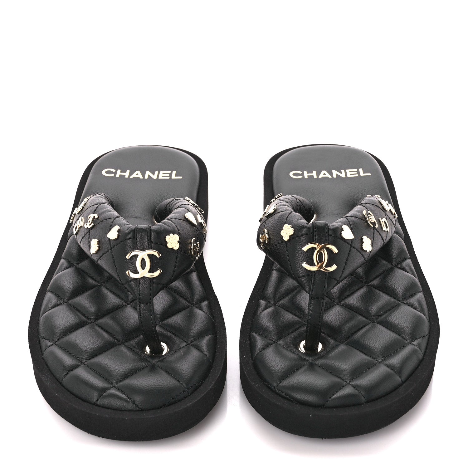 Chanel Lambskin Quilted Padded Charms Thong Sandals 37.5 Black 2 of 8