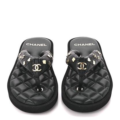 Chanel Lambskin Quilted Padded Charms Thong Sandals 37.5 Black 2 of 8