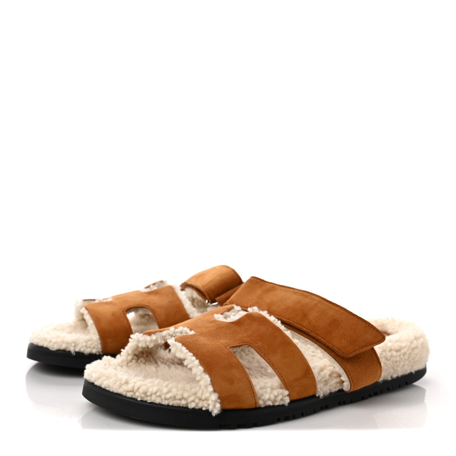 Hermes Suede Goatskin Woolskin Womens Chypre Sandals 39 Brun Fume Ecru 3 of 8