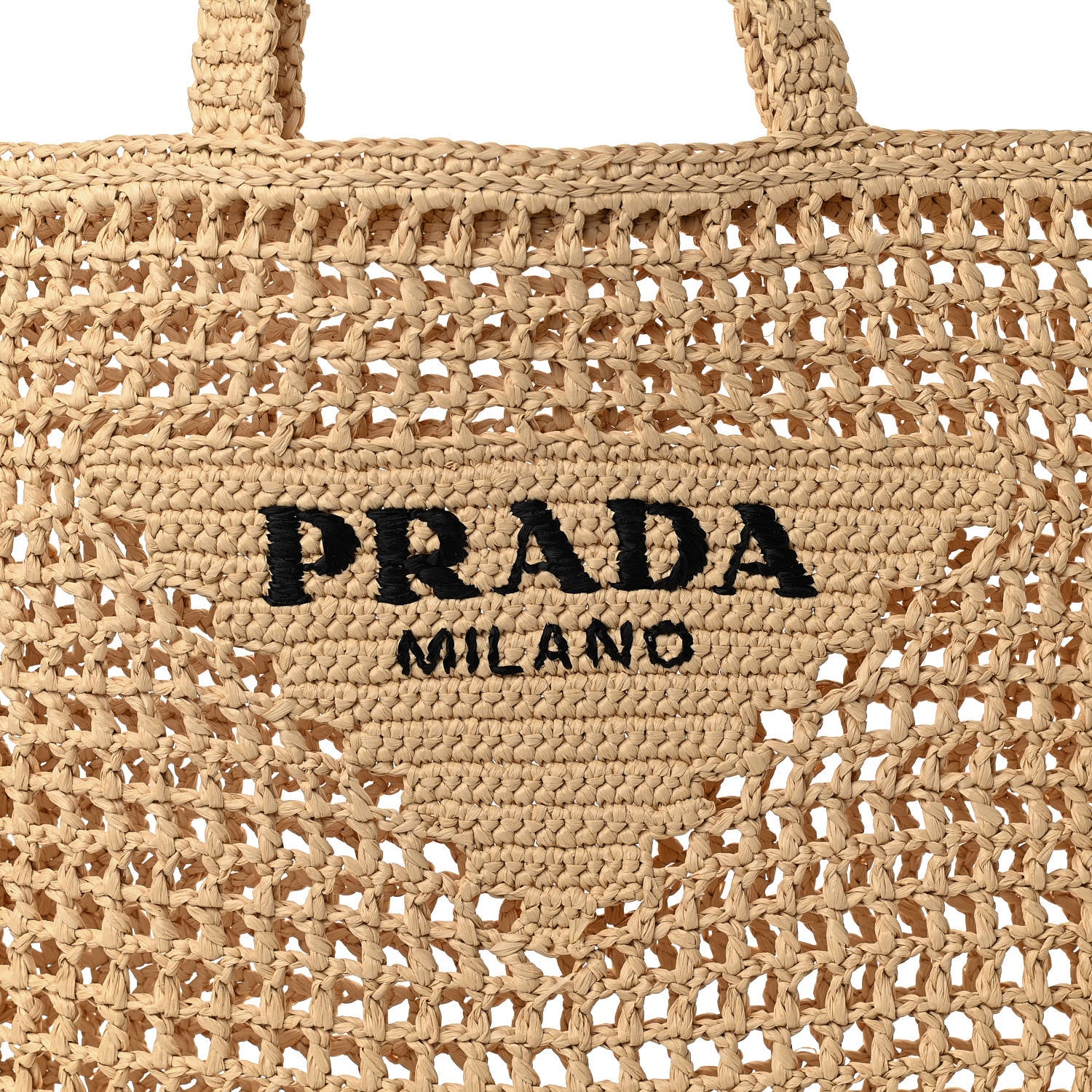 Prada Yarn Raffia Effect Crochet Logo Embroidered Tote Bag Naturale 8 of 10