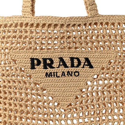 Prada Yarn Raffia Effect Crochet Logo Embroidered Tote Bag Naturale 8 of 10