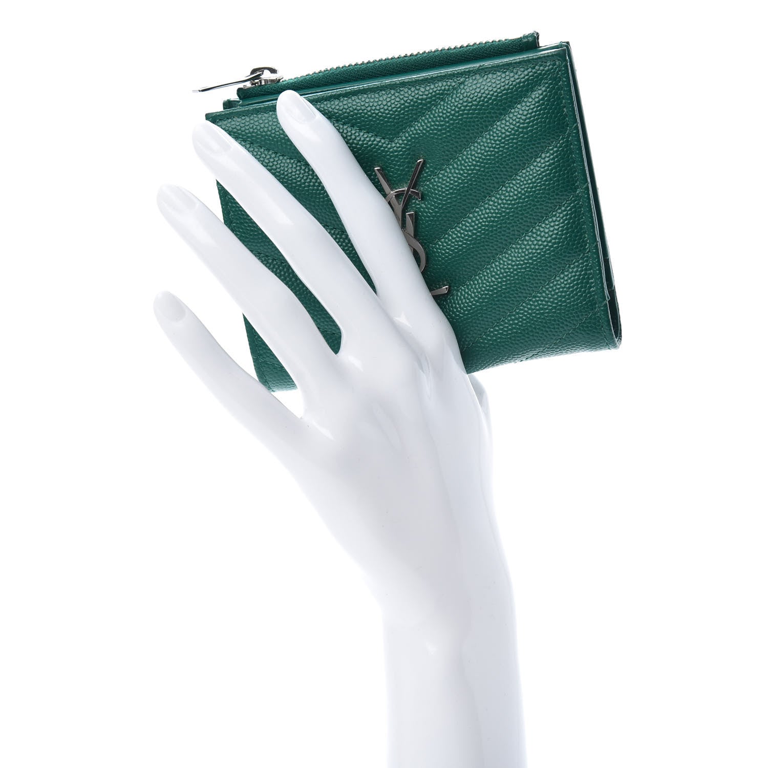 Saint Laurent Grain De Poudre Matelasse Chevron Monogram Zipped Card Case Malachite Green 2 of 8