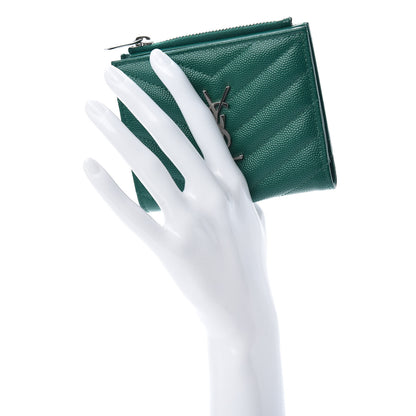 Saint Laurent Grain De Poudre Matelasse Chevron Monogram Zipped Card Case Malachite Green 2 of 8