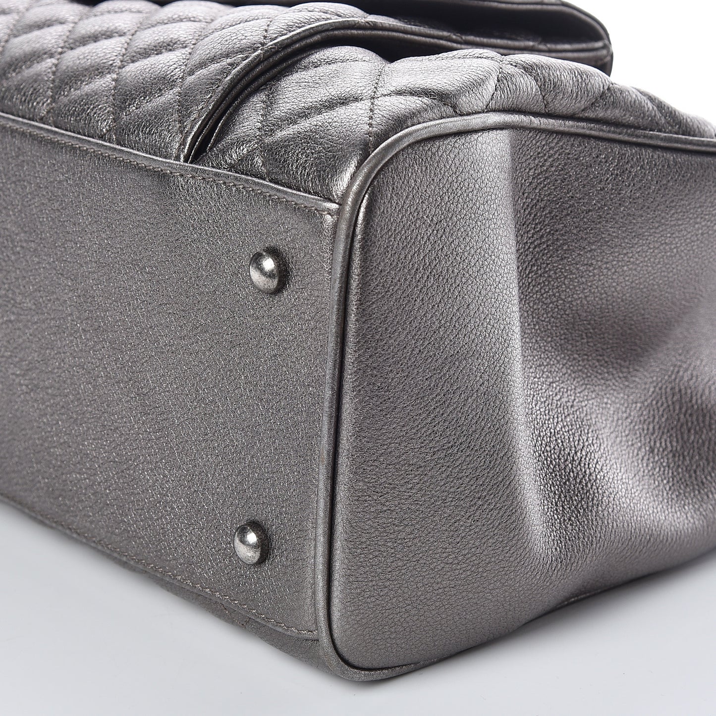 Metallic Grained Calfskin Quilted Large Casual Pocket Tote Silver