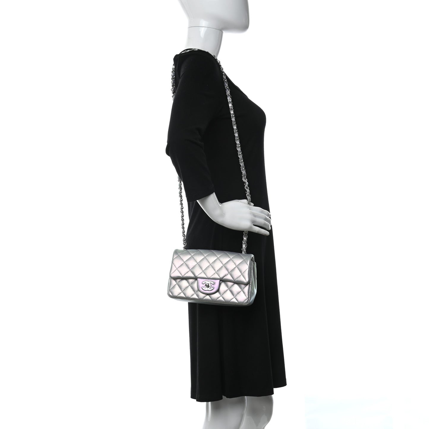 Iridescent Calfskin Quilted Mini Rectangular Flap Light Purple