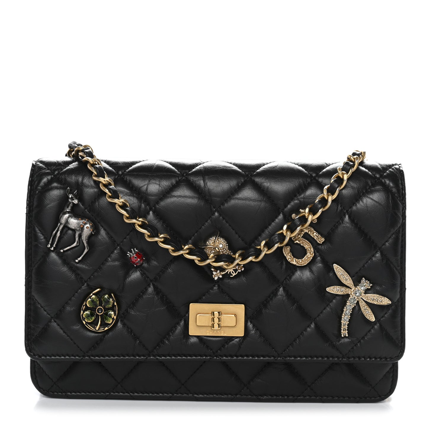Aged Calfskin Quilted Lucky Charms 2.55 Reissue Wallet On Chain WOC Black