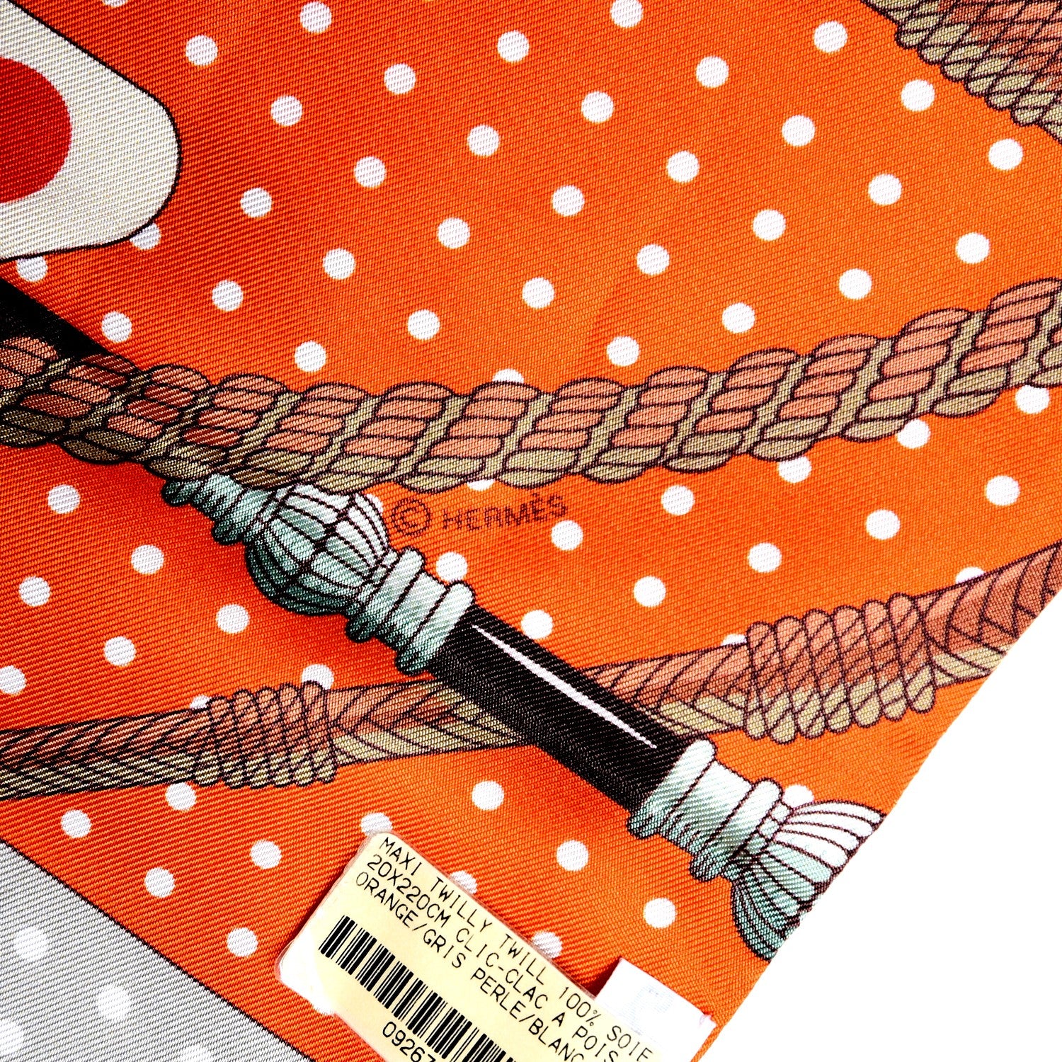 Hermes Silk Clic Clac à Pois Maxi Twilly Orange Gris Perle Blanc 5 of 5