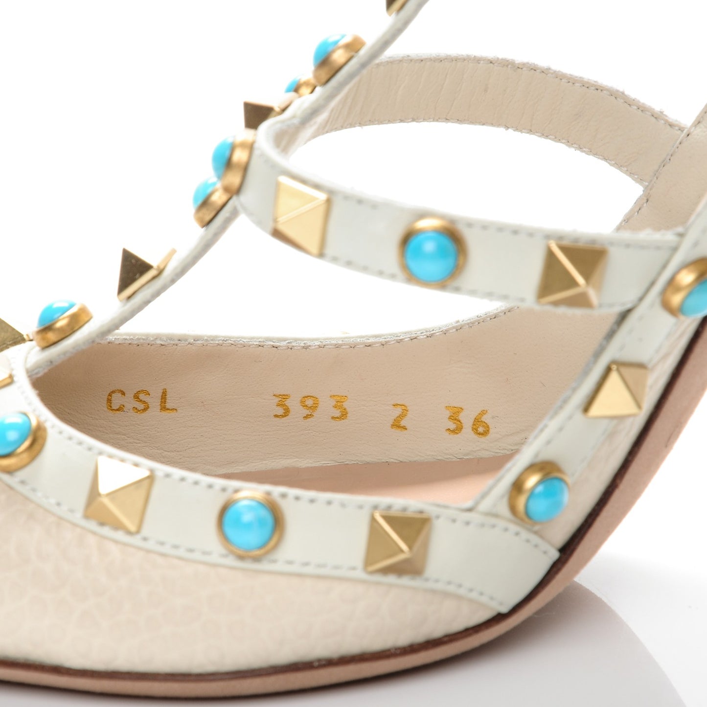 Pebbled Calfskin Turquoise Rockstud Rolling Ankle Strap 100mm Pumps 36 Ivory