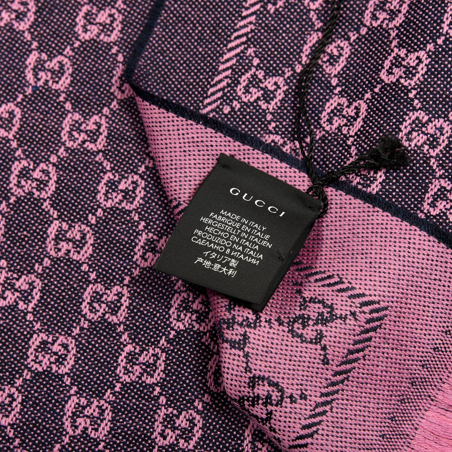 Wool GG Monogram Reversible New Sten Fringe Scarf Midnight Blue Pink