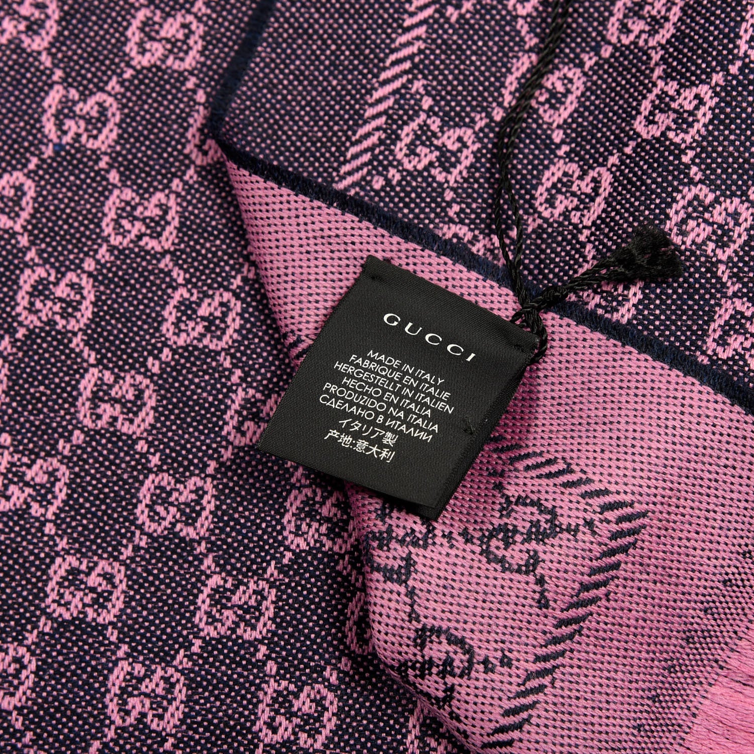 Gucci Wool GG Monogram Reversible New Sten Fringe Scarf Midnight Blue Pink 3 of 4