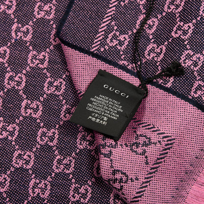 Gucci Wool GG Monogram Reversible New Sten Fringe Scarf Midnight Blue Pink 3 of 4
