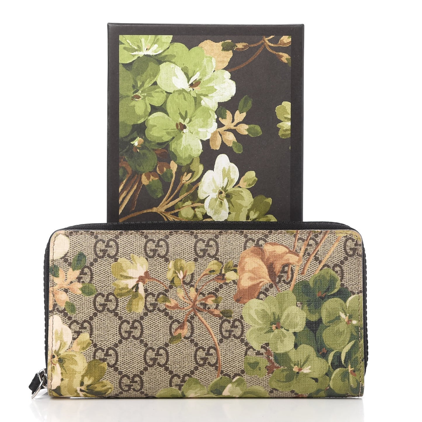 GG Supreme Monogram Blooms Zip Around Wallet Beige New Military Black