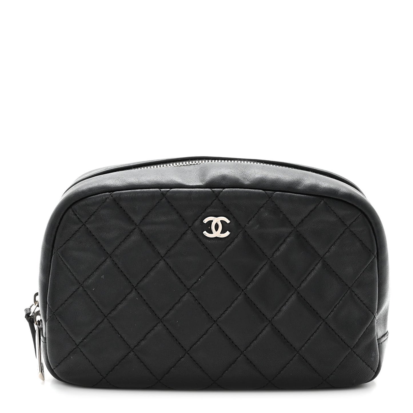 Lambskin Quilted Medium Curvy Pouch Cosmetic Case Black
