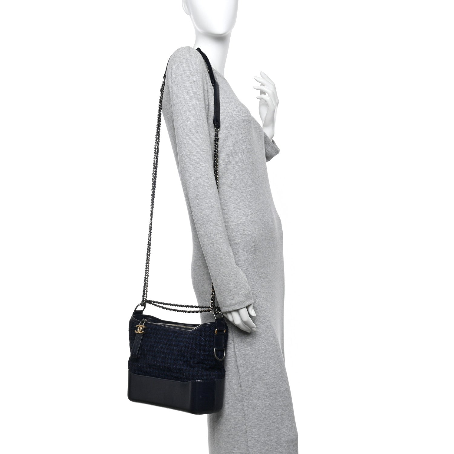 Chanel Tweed Calfskin Quilted Medium Gabrielle Hobo Black Blue 2 of 13