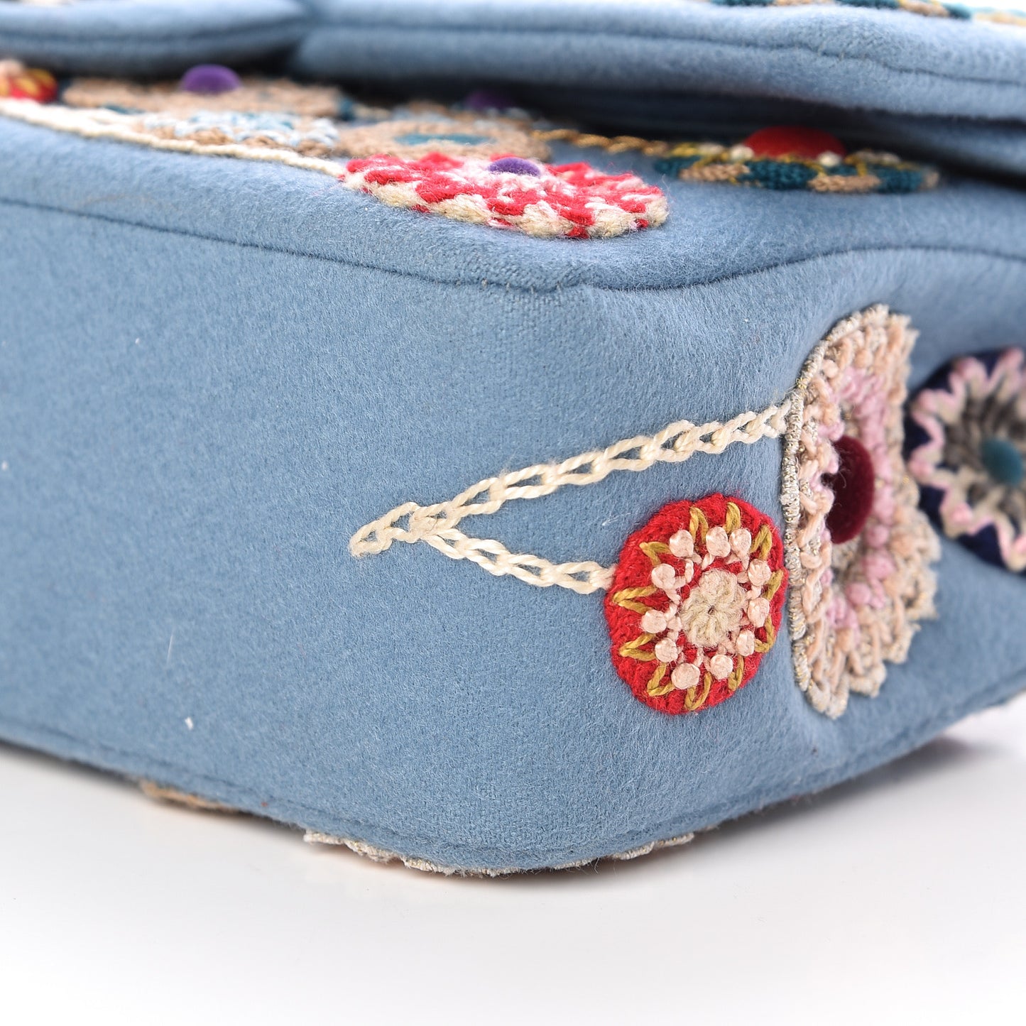 Felt Flower Embroidered Medium Double Flap Blue Multicolor