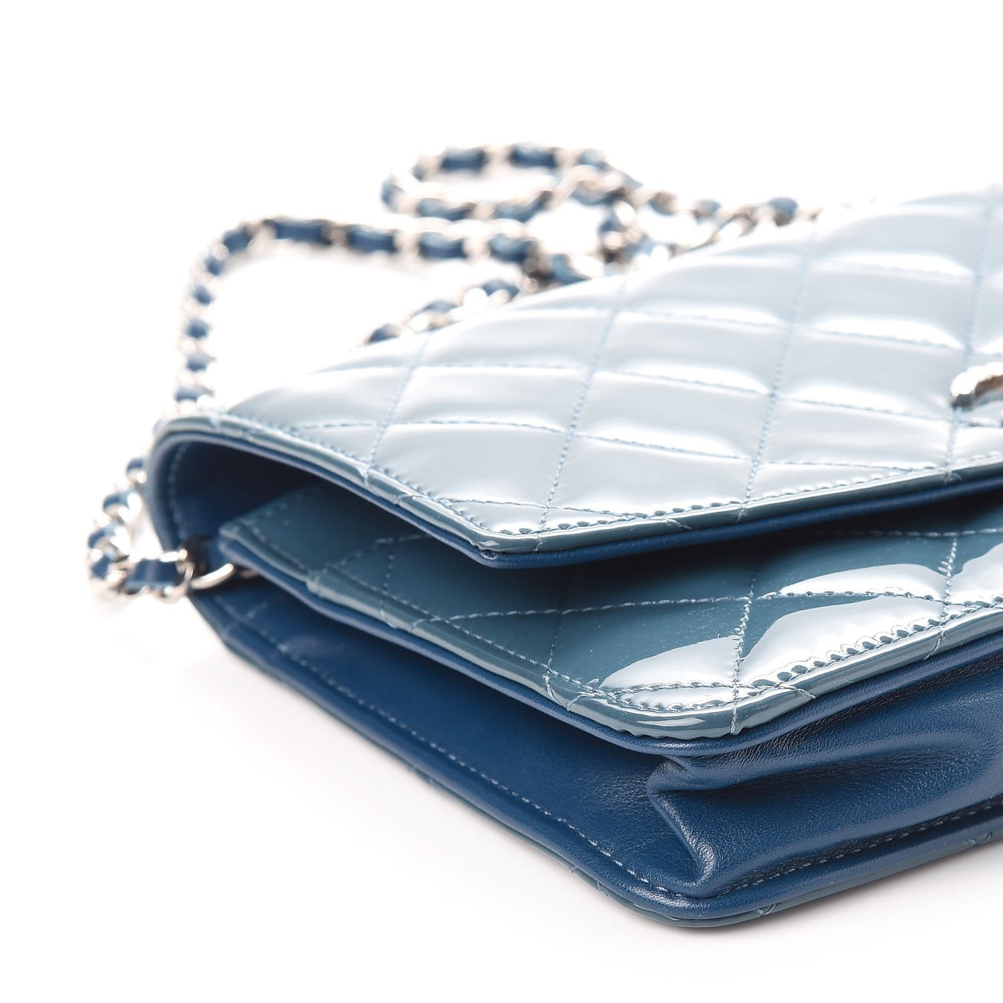 Patent Quilted Brilliant Wallet On Chain WOC Blue