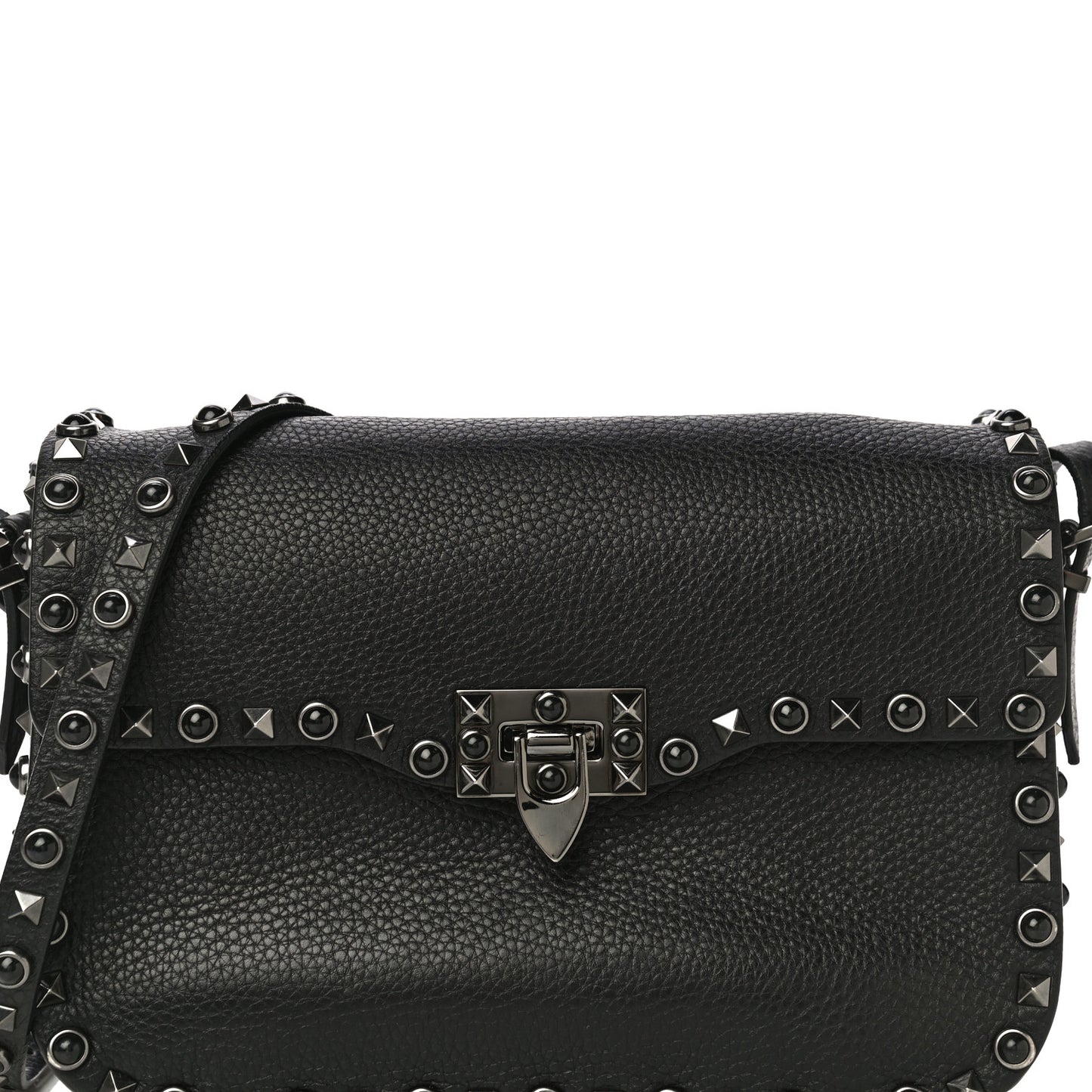 Pebbled Calfskin Onyx Medium Rockstud Rolling Flap Saddle Bag Black