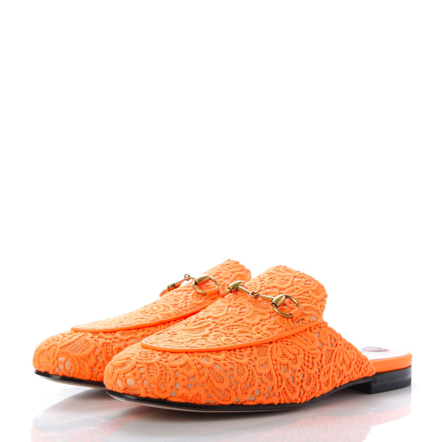 Gucci Lace Malaga Kid Womens Princetown Slippers 38 Orange Fluo Skin Rose 3 of 10