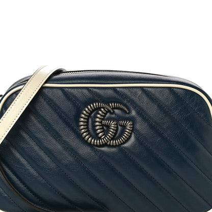 Gucci Vintage Effect Calfskin Matelasse Diagonal Small Torchon GG Marmont Chain Shoulder Bag Blue Agata Mystic White 9 of 11