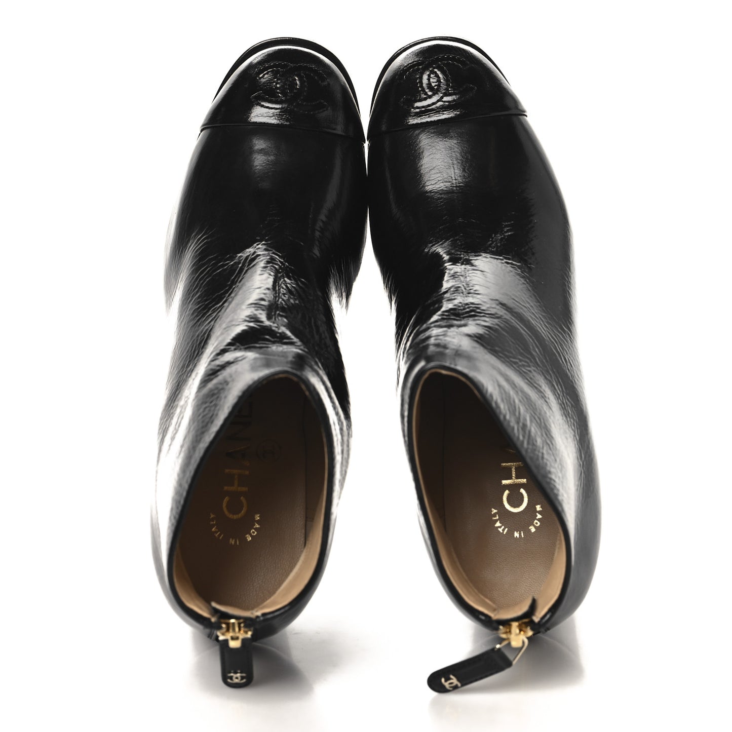 Shiny Crumpled Calfskin CC Cap Toe Ankle Boots 35.5 Black