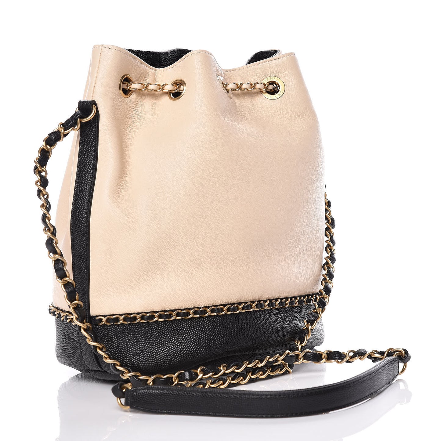 Lambskin Caviar Lovely Chains Drawstring Bag Beige Black