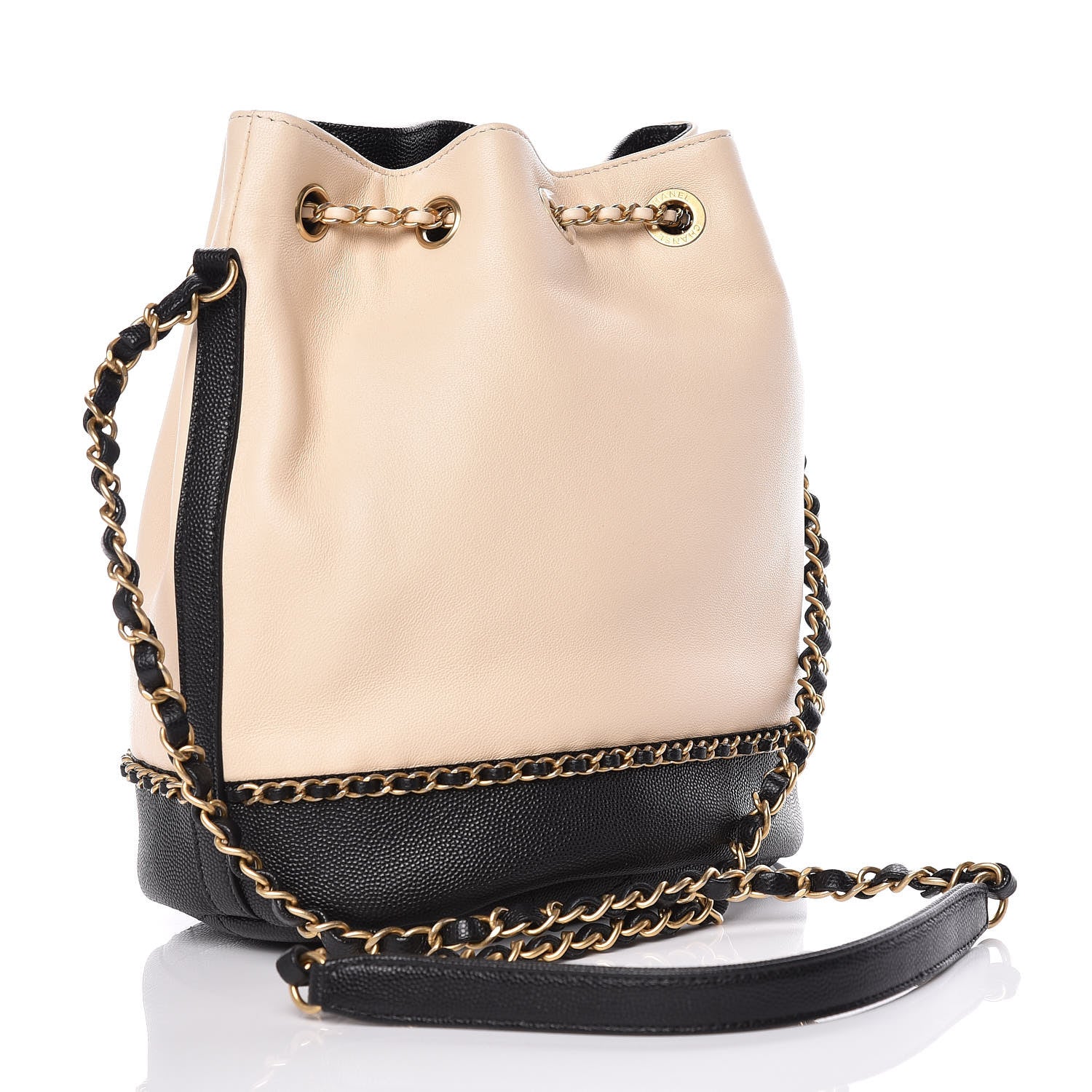 Chanel Lambskin Caviar Lovely Chains Drawstring Bag Beige Black 3 of 9