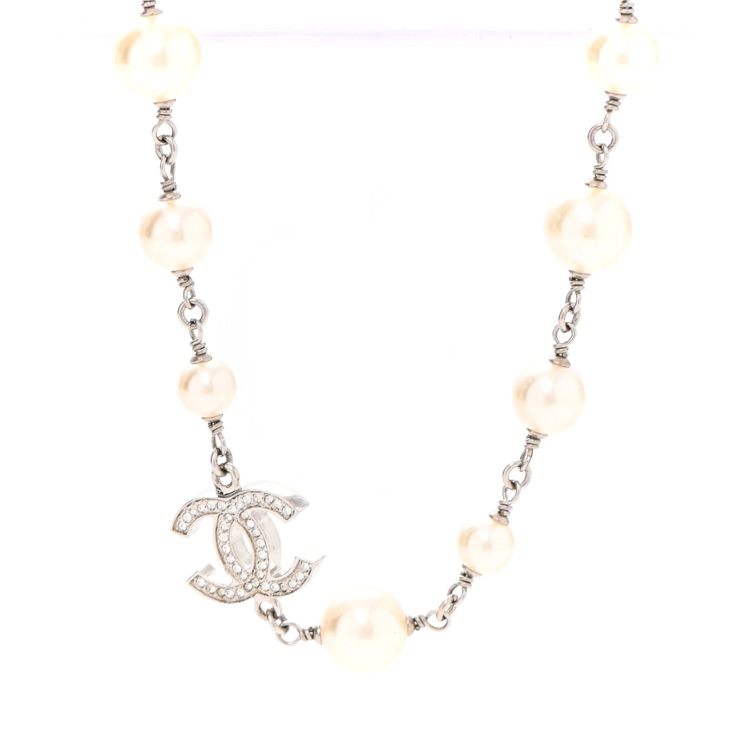 Graduated Pearl Crystal CC Long Necklace Silver